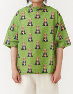 MOCK-NECK SIDE SLIT T-SHIRT ～light green cat motif print～